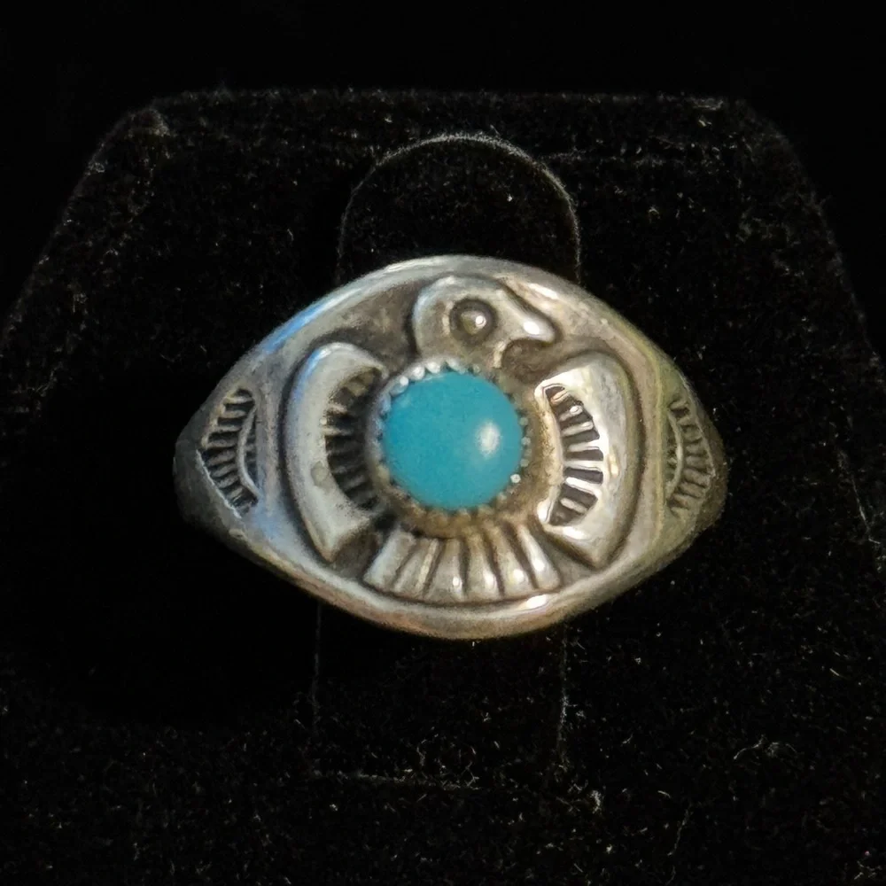 Vintage Native American Turquoise Sterling Silver Thunderbird Ring Size 6